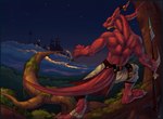 4_toes accessory anthro back_muscles bandage barefoot belt bottomwear city claws clothed clothing cloud digitigrade dramatic_pose feet forest furgonomics horn horn_accessory in_tree long_tail looking_forward male melee_weapon moss muscular muscular_male night pants plant polearm red_body red_scales scales sky skyline solo spear star tail toes topless tree weapon wood dahecksajerry mythology dragon mythological_creature mythological_scalie scalie 2016 colored shaded