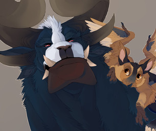 averting_eyes bovine_ears brown_body brown_feathers claws dark_body dark_fur duo fangs feathers fur looking_at_another male mane multicolored_body on_neck orange_eyes pink_eyes pink_inner_ear pupils size_difference slit_pupils teeth tusks white_mane wings nahst_y guild_wars mythology gnat_(nahst_y) vorias_(nahst_y) avian charr felid gryphon mammal mythological_avian mythological_creature 2026 colored digital_drawing_(artwork) digital_media_(artwork) hi_res shaded