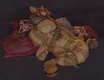 anthro bedding bell belly blanket blush blush_lines brown_background green_body grin hand_in_stomach lying male null null_bulge null_bulge_squeeze null_stimulation on_back open_zipper permagrin pillow plushie quilt relaxing simple_background smile solo striped_body stripes zipper blushing_yokai asian_mythology east_asian_mythology japanese_mythology mythology tobias_weatherby animate_inanimate living_plushie yokai