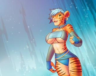 big_breasts blue_hair breasts clothing collar ear_piercing female hair piercing solo tight_clothing under_boob cubikore felid mammal pantherine tiger character_request hi_res