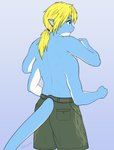 anthro bottomwear clothing hair horn humanoid_pointy_ears male multi_arm multi_limb pointy_ears ponytail rear_view shirtless shorts solo standing tail thick_tail ramzryu mythology dragon mythological_creature mythological_scalie scalie hi_res