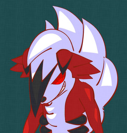 ambiguous_gender anthro ear_markings feet floppy_ears fur hair markings multicolored_body multicolored_fur pupils red_body red_ears red_eyes red_pupils red_sclera simple_background snout solo teal_background teeth white_body white_hair momensarada nintendo pokemon generation_7_pokemon lycanroc midnight_lycanroc pokemon_(species) 2022 colored half-length_portrait hi_res portrait