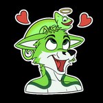 anthro black_nose fur green_body green_eyes green_fur hair halo heart_symbol looking_at_another love male memories simple_background sitting_on_another sitting_on_head smile solo telegram_sticker tongue white_body white_fur blakefox telegram fidget_the_fox canid canine chameleon fox lizard mammal reptile scalie 1:1 alpha_channel digital_media_(artwork)