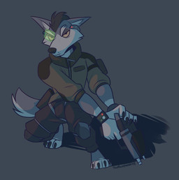 4_toes 5_fingers alternate_universe anthro barefoot biped black_hair bottomwear claws clothed clothing crouching electronics feet fingers fully_clothed fur grey_body grey_fur gun hair headgear headphones headset inner_ear_fluff jacket looking_at_viewer male multicolored_body multicolored_fur pants pose ranged_weapon simple_background solo toes topwear tuft two_tone_body two_tone_fur weapon white_body white_fur toomuchdynamite nintendo star_fox wolf_o'donnell canid canine canis mammal wolf 2021 digital_media_(artwork) hi_res