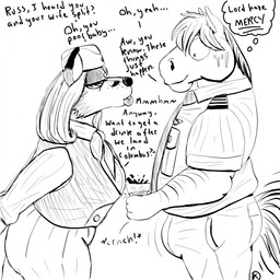 anthro aroused beverage big_bulge bodily_fluids bulge clothing coffee container cup dialogue duo erection erection_under_clothing female flight_attendant holding_container holding_cup holding_object lips male male/female nervous nervous_sweat pilot seductive slightly_chubby slightly_chubby_anthro slightly_chubby_male sweat text thick_lips komododad russ_walker viv_patterson canid canine equid equine fox horse mammal red_fox true_fox 1:1 2025 english_text hi_res monochrome