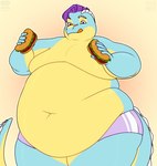 anthro belly big_belly blue_body bottomwear burger clothing food hair holding_food holding_object looking_at_viewer male moobs navel overweight overweight_male purple_bottomwear purple_clothing purple_eyes purple_hair purple_shorts short_hair shorts simple_background solo spiked_tail spikes spikes_(anatomy) tail tongue tongue_out yellow_body aucherr valerayu peameal alligator alligatorid crocodilian reptile scalie 2024 artist_collaboration hi_res