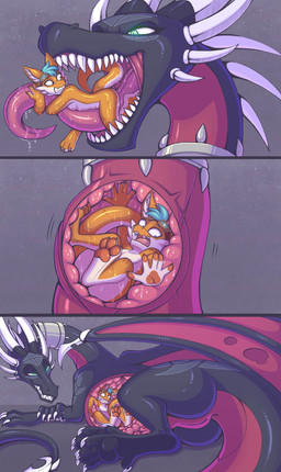 3_toes 5_fingers 5_toes anthro anthro_prey anus back_wings black_body black_scales black_tail black_wings blue_eyes blue_hair bodily_fluids claws clenched_teeth collar duo eyelashes eyewear eyewear_on_head fangs feet female female_feral female_pred feral feral_pred finger_claws fingerpads fingers flesh_fang fully_inside genitals glowing glowing_eyes goggles goggles_on_head green_eyes grey_collar grin hair horn in_throat inner_ear_fluff inside_stomach larger_female larger_feral larger_pred lying male male_anthro male_prey membrane_(anatomy) membranous_wings multicolored_body multicolored_scales neck_bulge nude nude_anthro nude_male on_side on_tongue open_mouth oral_vore orange_body orange_claws orange_ears orange_pawpads orange_tail organs pawpads pecs pink_tongue pupils purple_body purple_membrane purple_scales purple_tail purple_wings saliva saliva_on_tongue scales sharp_teeth short_hair sitting size_difference slit_pupils smaller_anthro smile snout stomach tail tail_anus tapering_tail teeth toe_claws toes tongue tongue_out tuft two_tone_body two_tone_scales two_tone_tail two_tone_wings vore vulva white_body white_claws white_horn white_inner_ear white_inner_ear_fluff white_tail wide_eyed wings x-ray_view bluestripedrenulian activision european_mythology mythology spyro_the_dragon cynder dragon mythological_creature mythological_scalie scalie species_request western_dragon 2026 absurd_res hi_res sequence