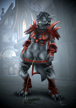 anthro armor black_hair bodily_fluids bottomwear bottomwear_down clothing eye_patch eyes_closed eyewear female female_peeing genital_fluids genitals hair outside peeing public solo standing tail undressing urine urine_pool urine_stream vulva watersports moodyferret blizzard_entertainment mythology warcraft canid canine canis felid mammal mythological_canine mythological_creature werecanid werecanine werecreature werewolf wolf worgen 2011 dated digital_media_(artwork) shaded