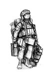 ammo_box anthro armor backpack boots clothed clothing combat_boots combat_helmet footwear headgear helmet holding_object male military military_uniform plate_carrier shoes simple_background smile solo uniform white_background hladilnik samantha_thott canid canine canis domestic_dog mammal 2024 black_and_white digital_drawing_(artwork) digital_media_(artwork) full-length_portrait hi_res monochrome portrait shaded sketch