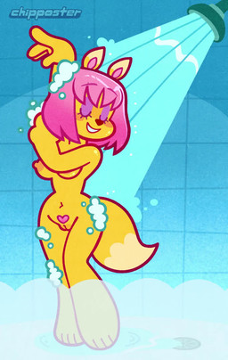 anthro bathing breasts ear_twitch female genitals heart_pubes heart_symbol nipples nude nude_female pubes shower showering solo stylized_pubes tail vulva chipposter parappa_the_rapper sony_corporation sony_interactive_entertainment um_jammer_lammy paula_fox canid canine fox mammal animated no_sound short_playtime video