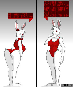 anthro arm_tuft breasts butt cheek_tuft clothing dialogue elbow_tuft facial_tuft female fur head_hair inner_ear_fluff leotard looking_at_viewer one_eye_closed pose red_clothing red_eyes red_leotard red_rose shoulder_tuft solo speech_bubble split_screen tail thigh_high_fur tuft white_body white_fur mr._lago bonnibel_(mr._lago) lagomorph mammal 5:6 absurd_res digital_media_(artwork) hi_res pixel_(artwork) watermark