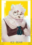 5_fingers anthro cheek_tuft claws eyewear facial_tuft fingers fur glasses half_clothed head_tuft looking_sideways male neck_tuft overweight overweight_anthro overweight_male red_eyes simple_background solo text tuft white_body white_fur gharne bear mammal polar_bear ursine english_text hi_res shaded