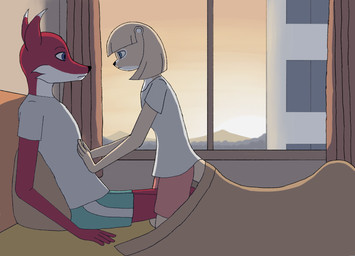 bed bottomwear clothing duo female furniture male male/female shorts sunset millennium_fox canid canine fox mammal mustelid otter hi_res