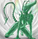 breasts female glistening glowing glowing_eyes green_body green_eyes green_skin insect_wings nipples nude smile solo wings grriva alien arthropod humanoid insect digital_media_(artwork) hi_res