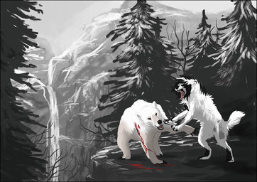 black_border black_lips black_nose blood bodily_fluids border detailed_background duo feral lips open_mouth paws teeth tongue oneminutesketch bear canid canine canis domestic_dog mammal 2015 digital_media_(artwork)