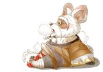 anthro blush bodily_fluids clothing cum ejaculation genital_fluids genitals kemono male penis robe simple_background sitting slightly_chubby solo sweat white_background norataro dreamworks kung_fu_panda master_shifu ailurid mammal red_panda 2018