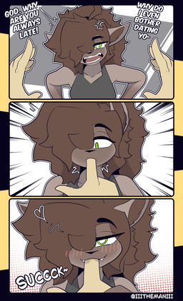 anthro blush brown_body brown_fur clothed clothing dialogue duo female finger_in_mouth finger_suck first_person_view fur green_eyes hair hair_over_eye looking_at_viewer one_eye_obstructed open_mouth solo_focus sucking text the_man april_(the_man) felid feline mammal 2026 absurd_res comic english_text hi_res