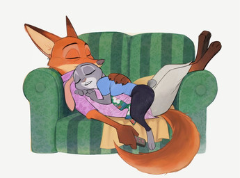 anthro clothing cuddling duo eyes_closed female furniture male sleeping sofa epsecond disney zootopia judy_hopps nick_wilde canid canine european_rabbit fox lagomorph leporid mammal oryctolagus rabbit red_fox true_fox 2025 digital_drawing_(artwork) digital_media_(artwork)