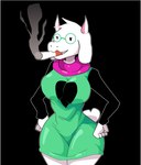 5_fingers anthro breasts clothing crossgender eyewear female fingers fur glasses horn mtf_crossgender pink_horn scarf solo white_body white_fur carliabot deltarune mario_smoking_weed ralsei_smoking_blunt undertale_(series) ralsei bovid caprine goat mammal 2021 meme