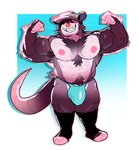 anthro baseball_cap big_bulge big_muscles big_nipples big_pecs bikini_thong biped body_hair brown_hair bulge chest_hair clothed clothing detailed_bulge flexing flexing_bicep flexing_both_biceps fluffy fluffy_chest footwear fur gradient_background hair hairy hat headgear headwear hidden_eyes huge_muscles male male_anthro muscular muscular_anthro muscular_male nipples pecs rat_tail simple_background smile socks solo swimwear tail thong thong_only topless topless_anthro topless_male underwear underwear_only purplecider mammal murid murine rat rodent hi_res