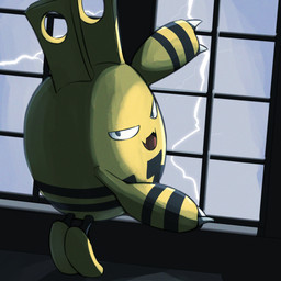 3_fingers ambiguous_gender ambiguous_humanoid black_body black_markings blue_eyes claw_fingers claws electricity featureless_feet feet fingers flesh_fang grey_claws light lightning looking_back markings multicolored_body not_furry pink_tongue solo standing tiptoes tongue two_tone_body window yellow_body spicyichizo nintendo pokemon elekid generation_2_pokemon humanoid pokemon_(species) 1:1 2026 absurd_res hi_res lighting shaded