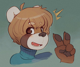 anthro brown_body brown_eyes brown_fur brown_hair clothing eyebrow_through_hair eyebrows fur gesture green_background hair hand_gesture male simple_background smile solo sweater topwear translucent translucent_hair turtleneck v_sign skidoo max_(skidoo) ailurid mammal red_panda hi_res