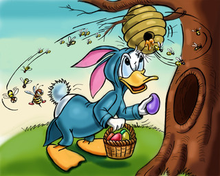 ambiguous_gender anthro beak beehive bunny_costume butt_flap clothing costume easter_egg exposed_butt feathers food group holidays honey_(food) looking_at_another's_butt male plant solo_focus stinger swarm tree white_body white_feathers zdrer456 disney easter donald_duck anatid anseriform arthropod avian bee bird duck hymenopteran insect 5:4 hi_res story_at_source