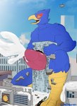 anthro beak big_penis biped blue_body blue_feathers bodily_fluids building building_penetrated building_sex city cum cum_on_ground destruction erection feathers flooding genital_fluids genitals humanoid_genitalia humanoid_penis macro male penis solo worship fruitbowl nintendo star_fox falco_lombardi avian bird 2021 absurd_res hi_res