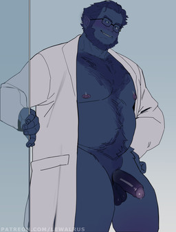 anthro balls barazoku beard belly blue_body blue_fur blue_hair blush bodily_fluids body_hair chest_hair clothed clothing coat dripping erection eyebrows eyewear facial_hair foreskin fur genital_fluids genitals glans glasses hair half-erect happy_trail humanoid_genitalia humanoid_penis lab_coat looking_at_viewer male muscular nipples overweight overweight_male partially_clothed penile penis pink_nipples pointy_ears precum precum_drip pubes simple_background smile solo standing teeth text topwear tusks wearing_glasses lewalrus marvel x-men beast_(marvel) animal_humanoid human humanoid mammal mutant_(x-men) 2025 absurd_res colored digital_drawing_(artwork) digital_media_(artwork) hi_res portrait three-quarter_portrait url