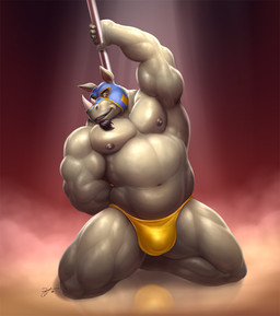 anthro biceps big_muscles biped black_hair bulge clothed clothing facial_hair grey_body grey_skin hair holding_fixture horn kneeling looking_at_viewer male mask musclegut muscular muscular_anthro muscular_male nipples pecs pole red_eyes smile solo speedo stripper_pole swimwear teeth topless braford gustav_(omega_mysterium) mammal rhinoceros