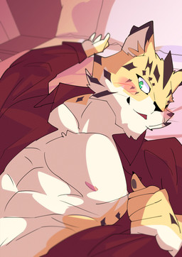 abs anthro bed blush clothed clothing collared_shirt dress_shirt fur furniture green_eyes lying male markings muscular muscular_anthro muscular_male nipples on_back open_clothing open_shirt open_topwear pecs shirt solo spots spotted_body spotted_fur topwear ruentn lifewonders tokyo_afterschool_summoners ose_(tas) felid leopard mammal pantherine hi_res