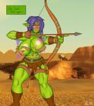 arrow_(weapon) big_breasts blush bodily_fluids boots bottomwear bow_(weapon) breasts bulge clothed clothing footwear gloves green_body green_skin gynomorph hair handwear holding_object holding_weapon huge_breasts hunter intersex leather loincloth muscular muscular_gynomorph muscular_humanoid muscular_intersex navel nipples not_furry purple_hair ranged_weapon shoes solo thick_thighs topless wardrobe_malfunction weapon battleorca blizzard_entertainment warcraft humanoid orc 2019 digital_media_(artwork) hi_res