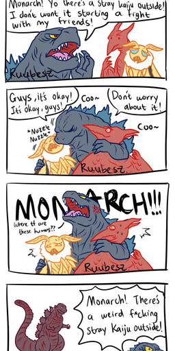 ambiguous_gender angry barefoot bodily_fluids claws close-up cuddling dialogue exclamation_point eyes_closed fangs feet female feral gesture hand_gesture horn hug humor looking_back male open_mouth parody pointing question_mark sharp_teeth smile sweat teeth text tongue wings yelling ruubeszdraws godzilla_(series) monsterverse mothra_(series) toho doughegoji godzilla mothra rodan_(toho) arthropod insect kaiju lepidopteran monster moth prehistoric_species pteranodon pteranodontid pterosaur reptile scalie comic english_text hi_res meme