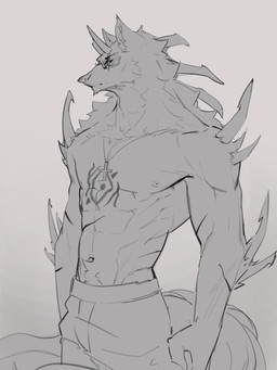 anthro arm_tuft bottomwear clothed clothing eyewear glasses head_tuft jewelry looking_at_viewer male mouth_closed muscular muscular_anthro muscular_male narrowed_eyes navel neck_tuft necklace nipples pants rectangular_glasses shoulder_tuft simple_background solo standing topless tuft unsigned awaldkize canid mammal absurd_res hi_res monochrome