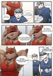 anthro clothing dialogue hat headgear headwear male shirt tank_top text topwear h155296 gym_pals boss_(gym_pals) myosotis_(gym_pals) canid canine canis felid mammal pantherine tiger wolf comic english_text hi_res