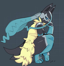 anthro biped black_body blue_body blue_eyes blue_fur crouching female female_anthro fur looking_at_viewer side_view simple_background smile solo tail thick_thighs yellow_body yellow_fur astralc0de nintendo pokemon pokemon_legends_z-a canid canine generation_9_pokemon mammal mega_evolution mega_lucario_z pokemon_(species) digital_media_(artwork) hi_res