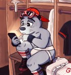 anthro backwards_baseball_cap backwards_hat baseball_cap clothing electronics eyewear footwear hat headgear headwear jockstrap locker_room male mascot phone shoes solo sunglasses underwear bungee_(artist) mlb san_francisco_giants lou_seal mammal marine pinniped seal hi_res