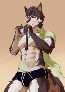 anthro blue_eyes blue_hair camera clothed clothing hair male open_clothing open_shirt open_topwear shirt solo topwear underwear white_body yellow_eyes mjj_mianbao archermagnum canid canine canis mammal wolf absurd_res hi_res