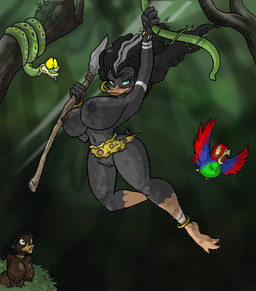 anthro areola big_breasts black_areola black_body black_coded black_hair bottomwear braided_hair breasts brown_areola brown_body brown_eyes clothing female feral forest genitals green_eyes group hair jewelry jungle loincloth long_hair melee_weapon multicolored_hair nipples non-mammal_breasts non-mammal_nipples nude outside plant polearm ponytail shrub smile solo_focus spear tree tribal two_tone_hair vines vulva weapon wood yellow_sclera lordstevie anatid anseriform avian bird duck parrot reptile scalie snake