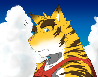 anthro blue_eyes brown_stripes clothed clothing cloud countershade_face countershade_torso countershading fur looking_at_viewer male multicolored_body multicolored_fur noticing pink_nose red_clothing red_shirt red_tank_top red_topwear shirt sky solo stripes tank_top topwear white_body white_countershading white_fur yellow_body yellow_fur rotton morenatsu torahiko_ooshima felid mammal pantherine tiger 2015 colored
