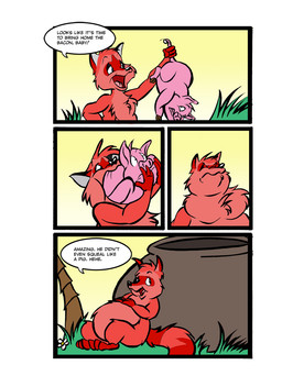 anthro cauldron coconut_tree dialogue duo feral flower fruit_tree fur grass male nude_anthro nude_male overweight overweight_anthro overweight_male palm_tree pink_body plant red_body red_fur red_insides soft_vore speech_bubble stuffing text tree vore weight_gain dutch_(artist) domestic_pig mammal procyonid raccoon suid suine sus_(pig) 2011 colored comic english_text