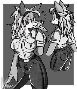 anthro big_breasts biped blush border bottomwear breasts clothed clothed_anthro clothed_female clothing female fingers front_view grey_background grey_bottomwear grey_clothing grey_pants hair humanoid_hands logo long_hair looking_at_viewer multiple_angles nervous nervous_smile pants rear_view shirt shy simple_background solo three-quarter_view topwear white_border white_clothing white_shirt white_topwear kangwolf my_hero_academia ippan_josei quirked_human_(my_hero_academia) 2021 absurd_res artist_logo greyscale hi_res monochrome shaded watermark