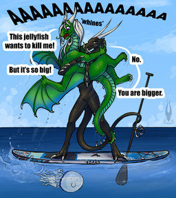 ambiguous_gender anthro black_body claws dialogue digitigrade duo female feral firael(character) green_body green_scales harg_kaktus horn membrane_(anatomy) membranous_wings quadruped scales sea smooth_skin spikes spikes_(anatomy) surfboard tail teeth thick_tail water white_claws white_horn wings firael european_mythology mythology dragon mythological_creature mythological_scalie scalie western_dragon absurd_res hi_res