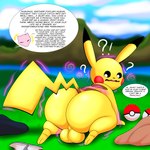 after_transformation all_fours ambiguous_gender balls big_balls big_butt biped butt clothing clothing_on_floor confusion dialogue duo exclamation_point genitals grass lake looking_back male mountain nude offscreen_character outside plant pokeball psychic_powers question_mark shocked text transformation underwear_on_floor tepigfan101 nintendo pokemon generation_1_pokemon legendary_pokemon mew_(pokemon) pikachu pokemon_(species) 2025 absurd_res english_text hi_res