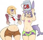 1_eye big_eyes blonde_hair blush bottomwear breasts chum_bucket_bucket_helmet clock clothed clothing cosplay duo female fin fully_clothed grey_hair hair happy hat head_fin headgear headwear light_body light_skin long_tail midriff monster_girl_(genre) multicolored_body multicolored_skin navel necktie noseless object_on_head open_mouth open_smile pale_skin pasties pink_tongue pupils purple_eyes sharp_teeth shorts simple_background small_breasts smile starfish_(accessory) starfish_bra tail tail_fin teeth tongue topless two_tone_body two_tone_skin watch white_background white_pupils wristwatch yellow_eyes senatorwong nickelodeon spongebob_squarepants annie_(anaid) patrick_star spec_(senatorwong) spongebob_squarepants_(character) animal_humanoid asterozoan cyclops echinoderm fish fish_humanoid humanoid marine marine_humanoid shark_humanoid starfish tailclops_(race) tailclops_(species)