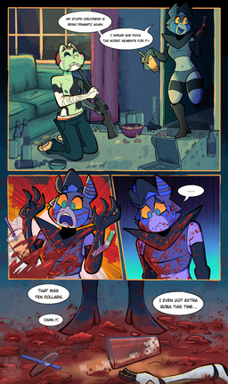 ambiguous_gender anthro blood blood_on_face blood_splatter bodily_fluids comic_panel dark_humor death dialogue duo female gore gun machine ranged_weapon shotgun speech_bubble suicide text weapon squeakygears chappie_(squeakygears) knives_(squeakygears) amphibian frog humanoid robot robot_humanoid absurd_res comic english_text hi_res