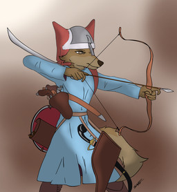 anthro armor arrow_(weapon) bow_(weapon) brown_body brown_fur clothed clothing fur gun handgun headgear helmet holding_object holding_weapon male melee_weapon pistol ranged_weapon shield simple_background solo sword tail weapon savo canid canine mammal absurd_res hi_res