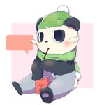 ambiguous_gender anthro barefoot blush box candy clothing container dessert eating feet food food_container hat headgear headwear pack_(container) scarf sitting solo speech_bubble tatu_wani_(artist) nintendo pocky pokemon generation_6_pokemon pancham pokemon_(species) 2020 hi_res