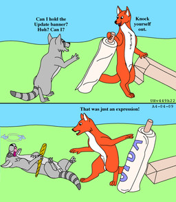 animal_genitalia anthro balls dialogue duo fur genitals grass grey_body grey_fur humor lying male male/male nude nude_male on_back open_mouth orange_body orange_fur outside plant sheath tail text two_panel_image unconscious white_body white_fur urbanhermit canid canine fox mammal procyonid raccoon 2004 comic dated english_text