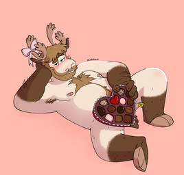 anthro antlers areola arm_hair armpit_hair beard bedroom_eyes blush body_hair bow_ribbon brown_hair candy chest_hair chocolate covering covering_crotch dessert facial_hair food hair half-closed_eyes happy_trail heart_symbol holidays hooves horn leg_hair looking_at_viewer lying male male_anthro narrowed_eyes navel nipples nude_anthro nude_male on_back pose ribbons seductive short_hair simple_background smile solo nardodraws valentine's_day rodney_(nardodraws) deer mammal moose new_world_deer 2026 hi_res signature